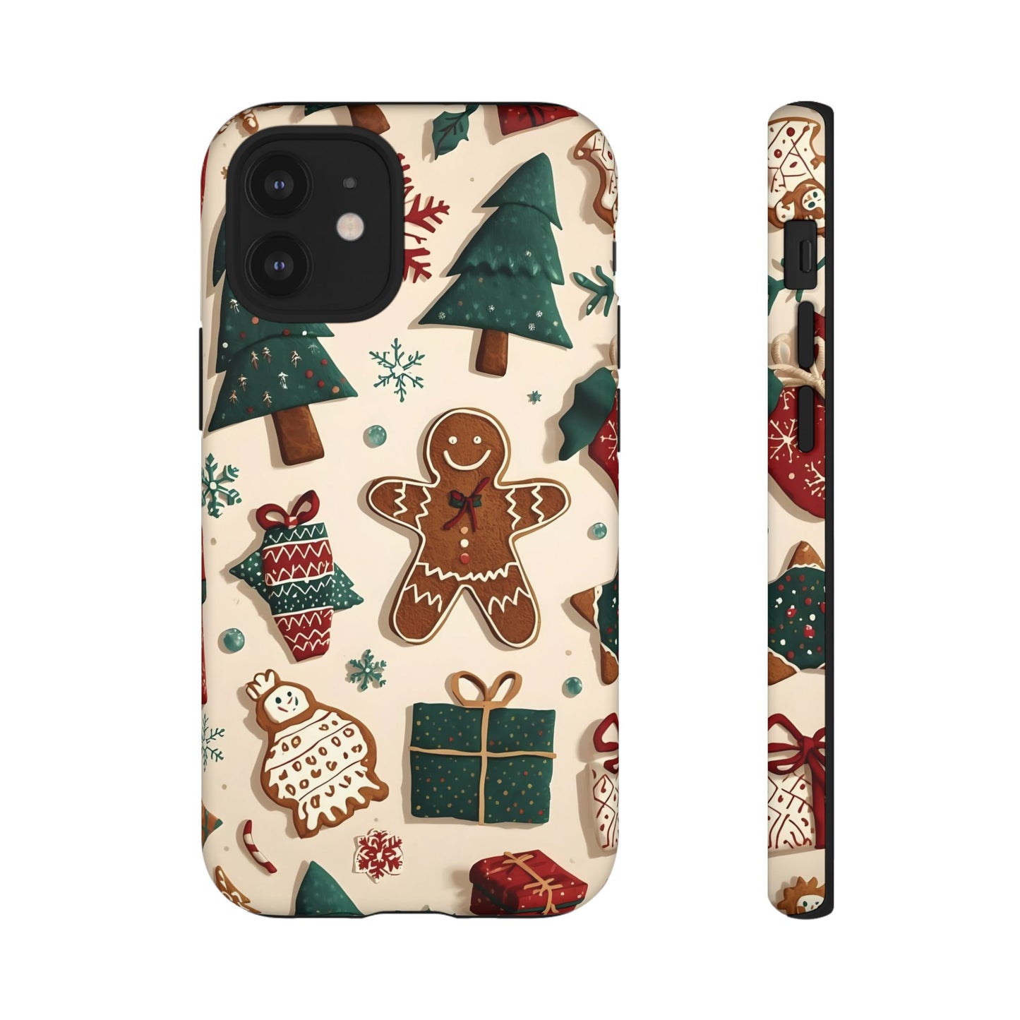 Christmas Phone Case with Gingerbread and Christmas Tree Design, Dual Layer Case for Iphone 17, 16, 15, 14, 13, 12, 11 & Samsung