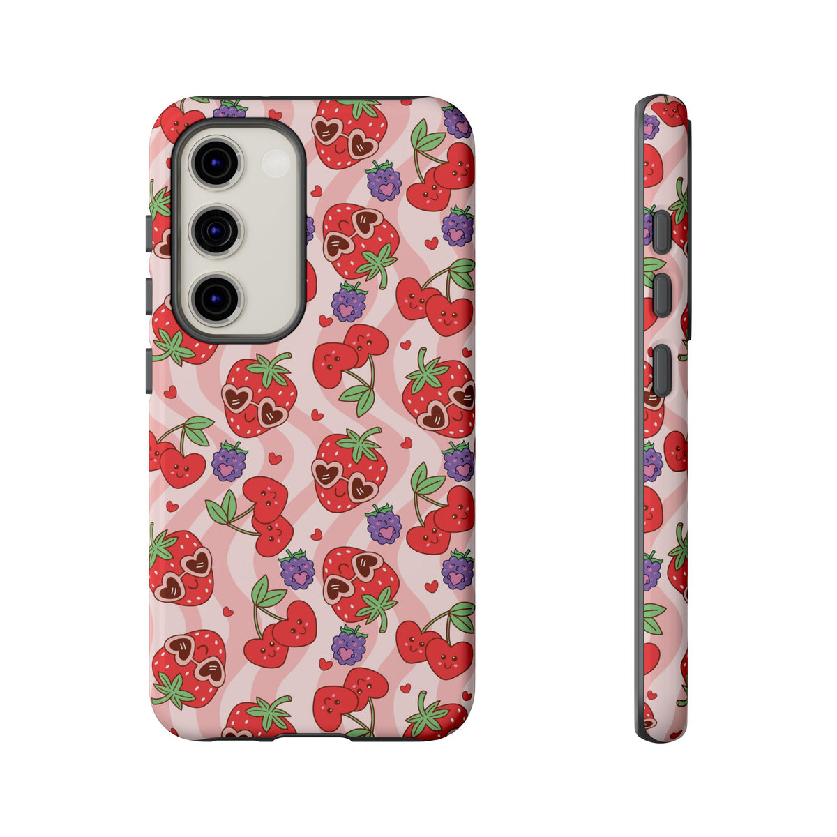 Cute Kawaii Strawberry & Cherry Phone Case — Pink Fruit Pattern Protective Case