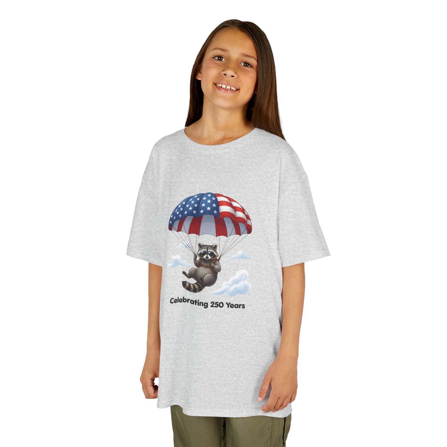 Kids T-Shirt — Patriotic Raccoon Parachute “Celebrating 250 Years”