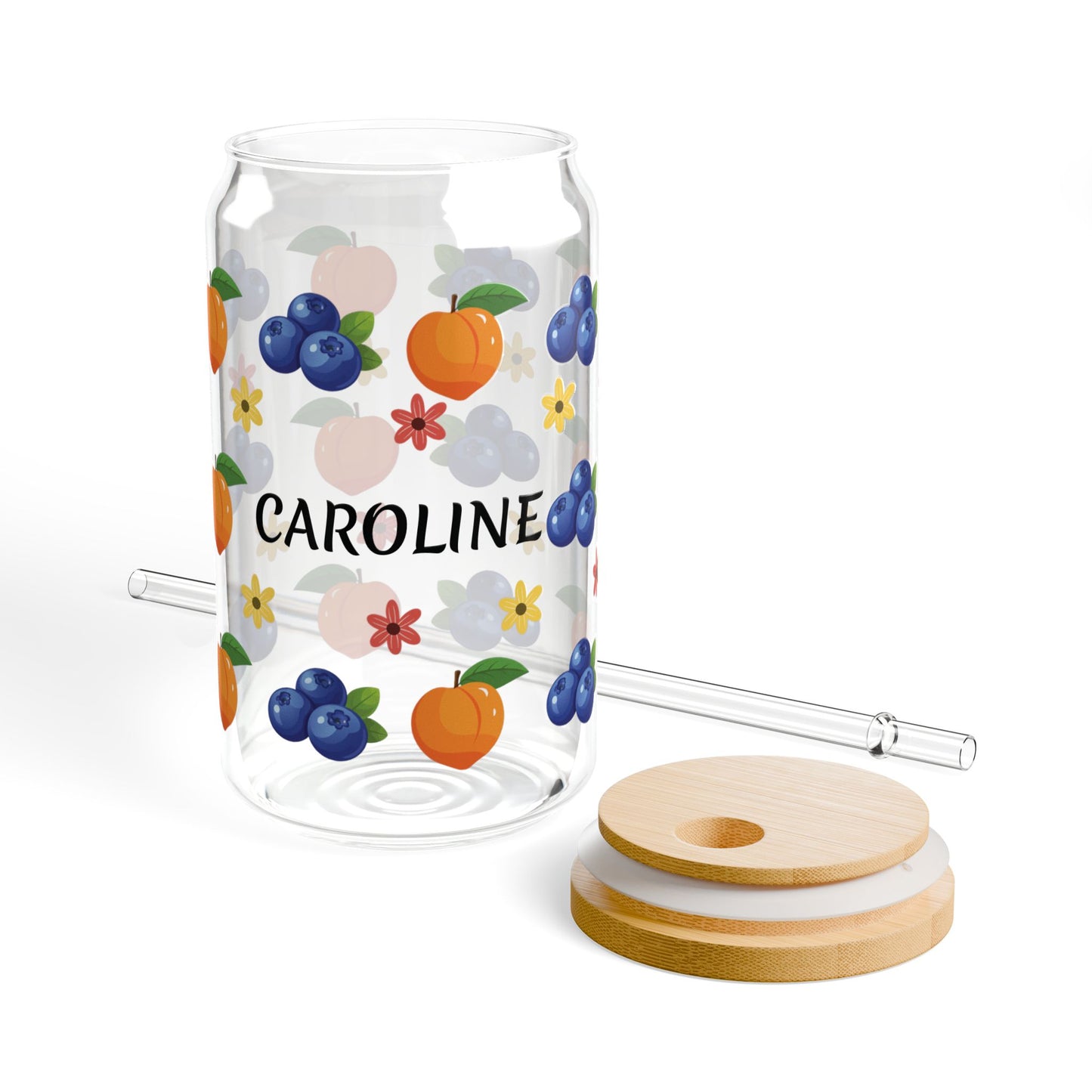 Personalized Fruit Pattern Sipper Glass - 16oz Custom Name Juice Cup