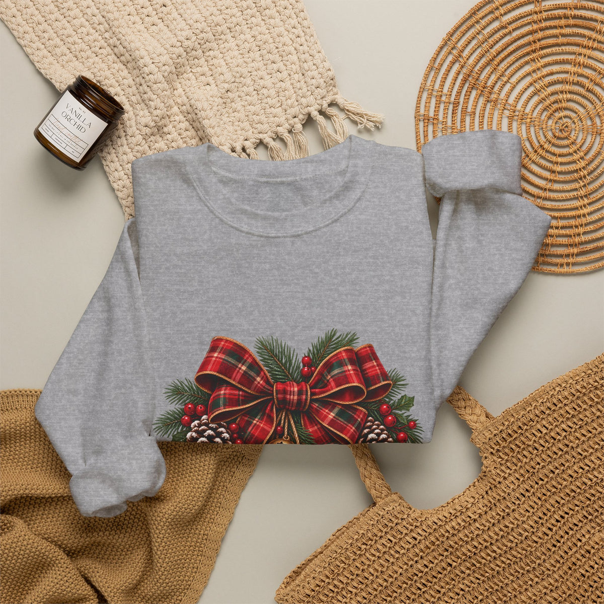 Christmas Plaid Bow Sweatshirt - Holiday Pinecone & Jingle Bells Crewneck