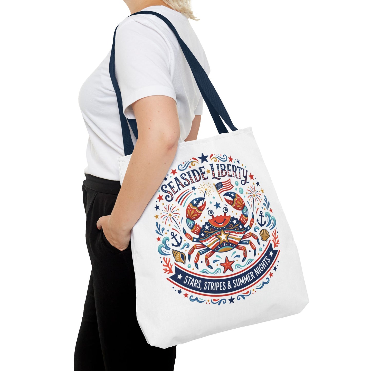 Seaside Liberty Tote Bag — 4th of July, Patriotic Bag "Stars, Stripes & Summer Nights"