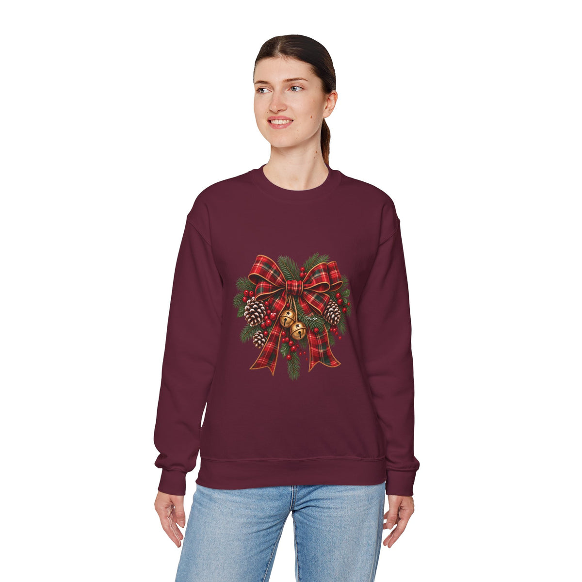 Christmas Plaid Bow Sweatshirt - Holiday Pinecone & Jingle Bells Crewneck