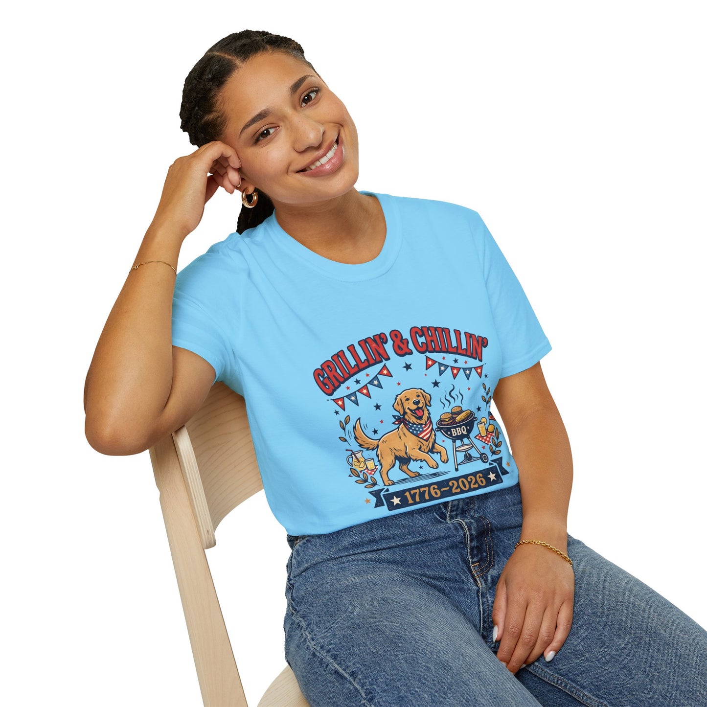 Grillin' & Chillin' BBQ Dog T-Shirt — 1776-2026 Patriotic Summer Tee, 4th of July Shirt, Independence Day Tee