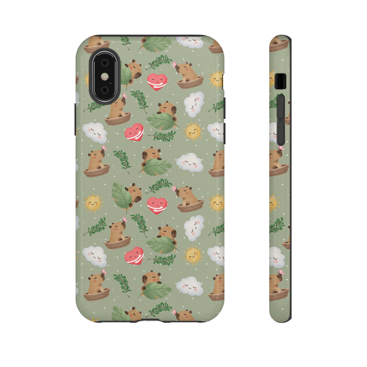 Cute Capybara Pattern Phone Case — Green Botanical Tough Case