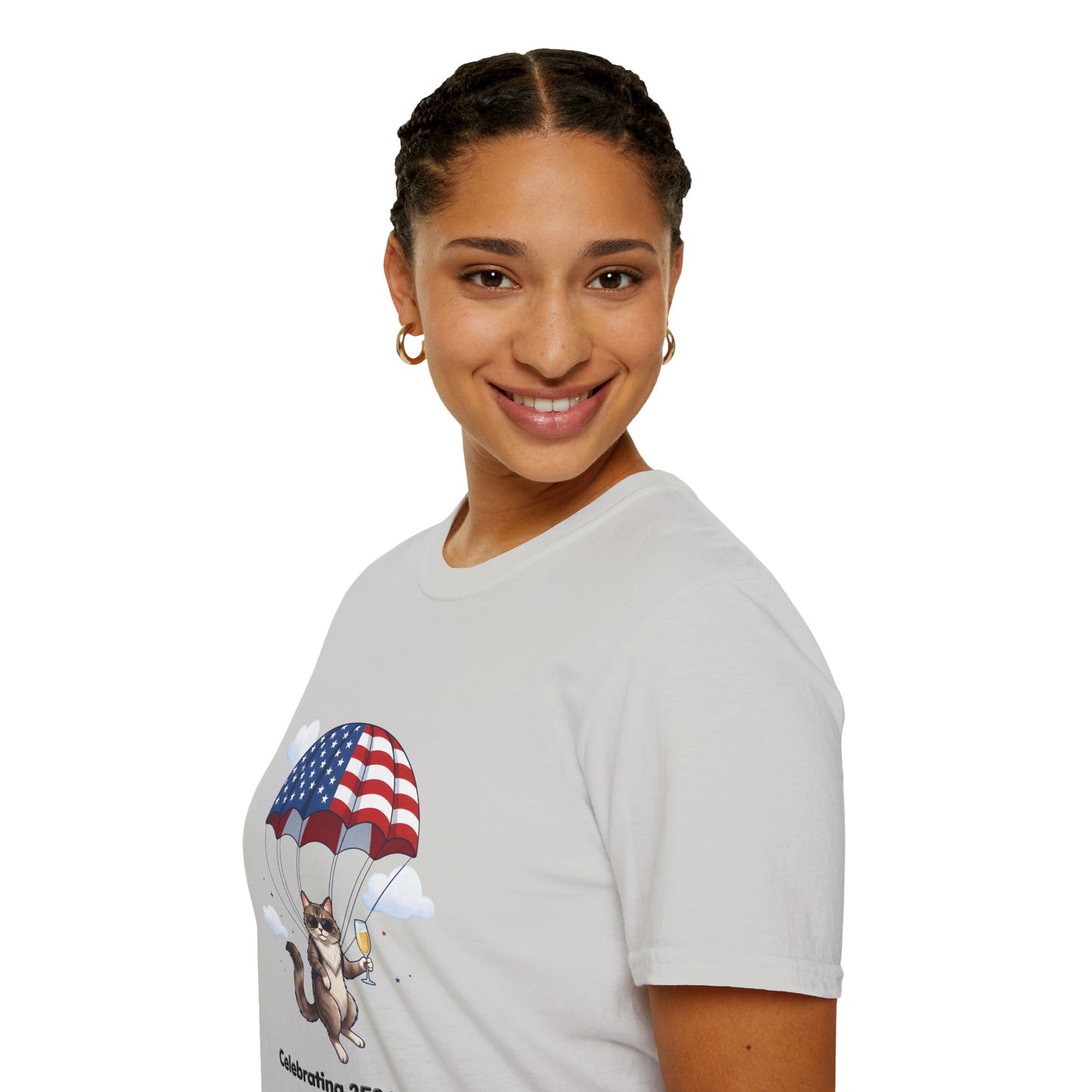 Patriotic Cat Parachute T-Shirt — "Celebrating 250 Years" 4th of July Tee