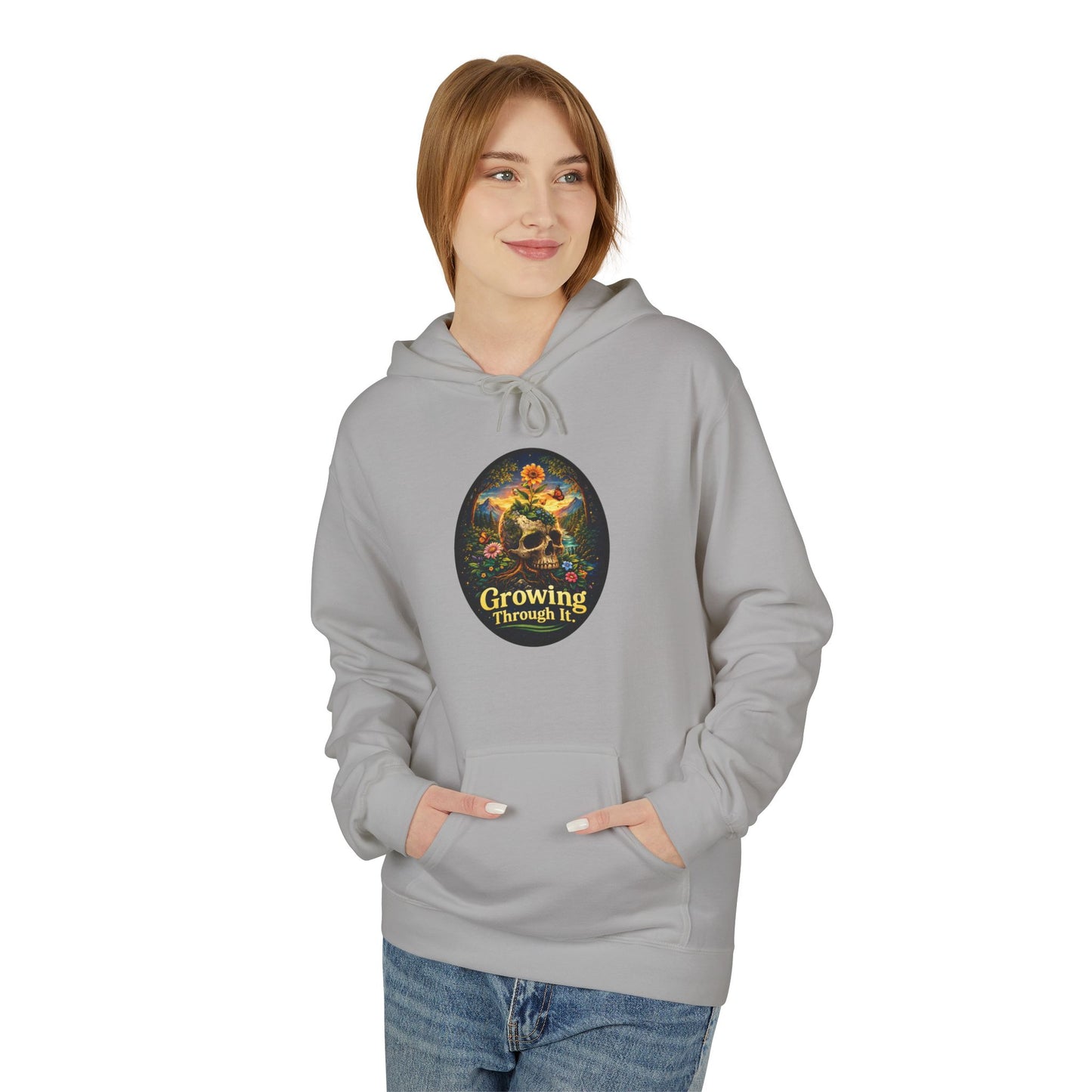 Growing Through It Hoodie – Earth Day Nature Skull Sweatshirt | Mental Growth & Healing Hoodie | Botanical Aesthetic Unisex Hoodie