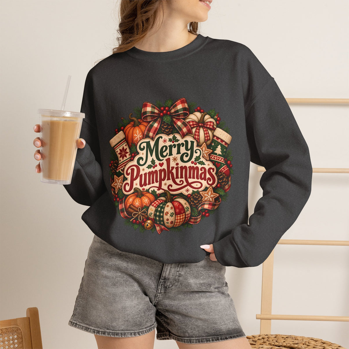 Merry Pumpkinmas Sweatshirt — Holiday Pumpkin Wreath Crewneck