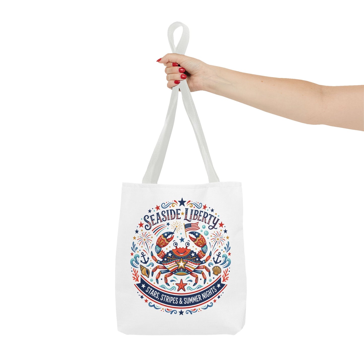 Seaside Liberty Tote Bag — 4th of July, Patriotic Bag "Stars, Stripes & Summer Nights"