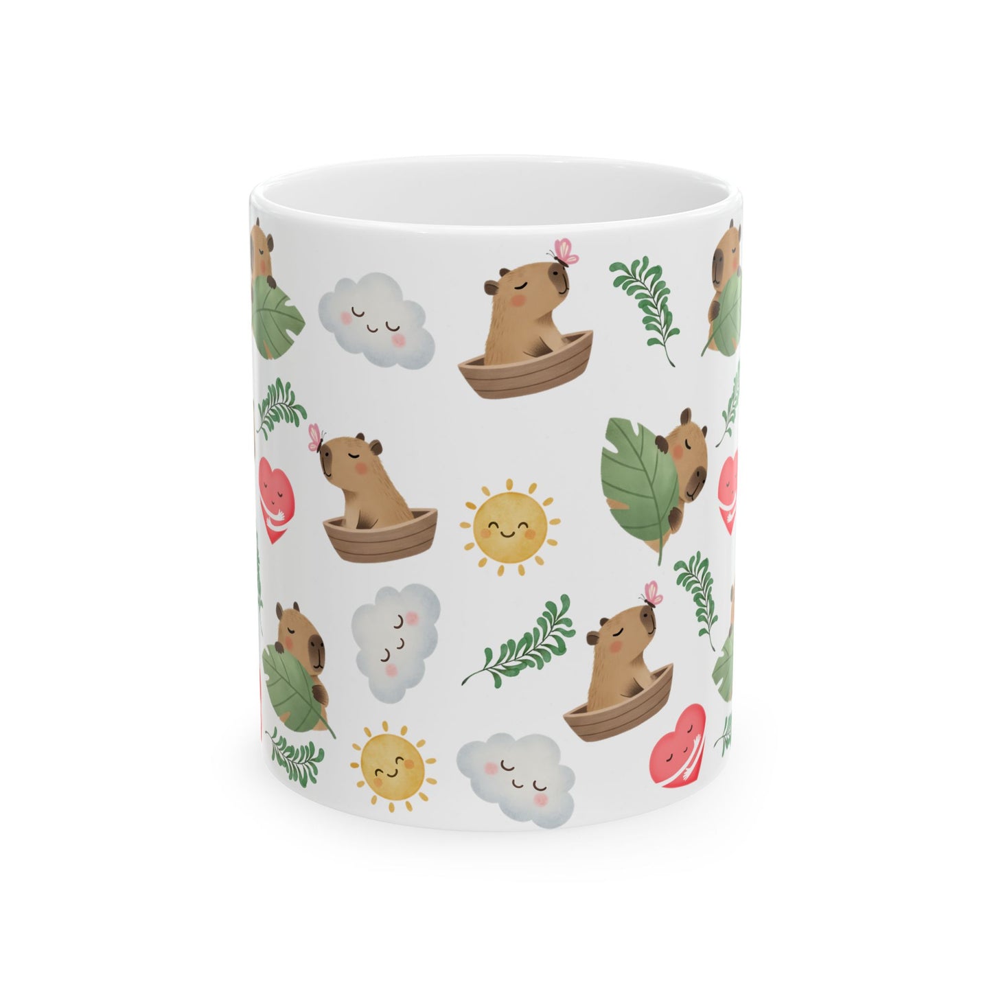 Cute Capybara Pattern Ceramic Mug — Whimsical Sun, Clouds & Leaf Design (11oz)
