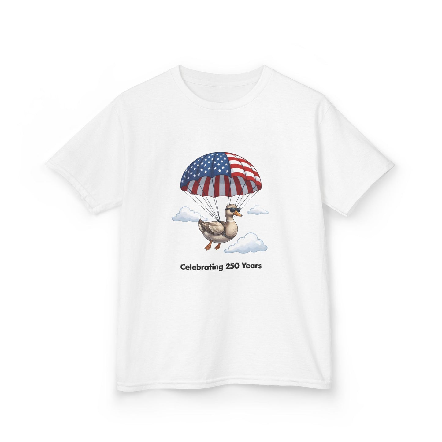 Kids Tee — Parachuting Duck, "Celebrating 250 Years"