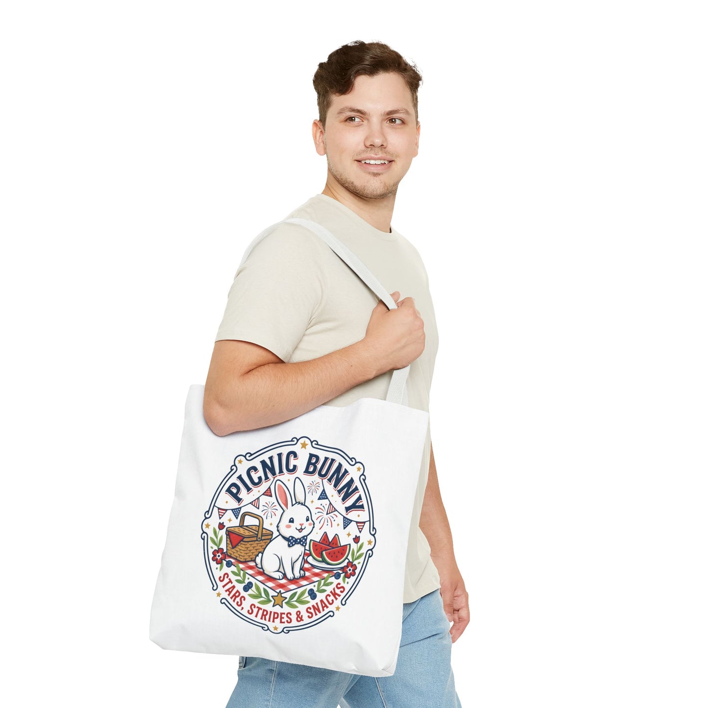 Patriotic Picnic Bunny Tote Bag — ‘Stars, Stripes & Snacks’ Cute Rabbit Picnic Tote, 4th of July Tote