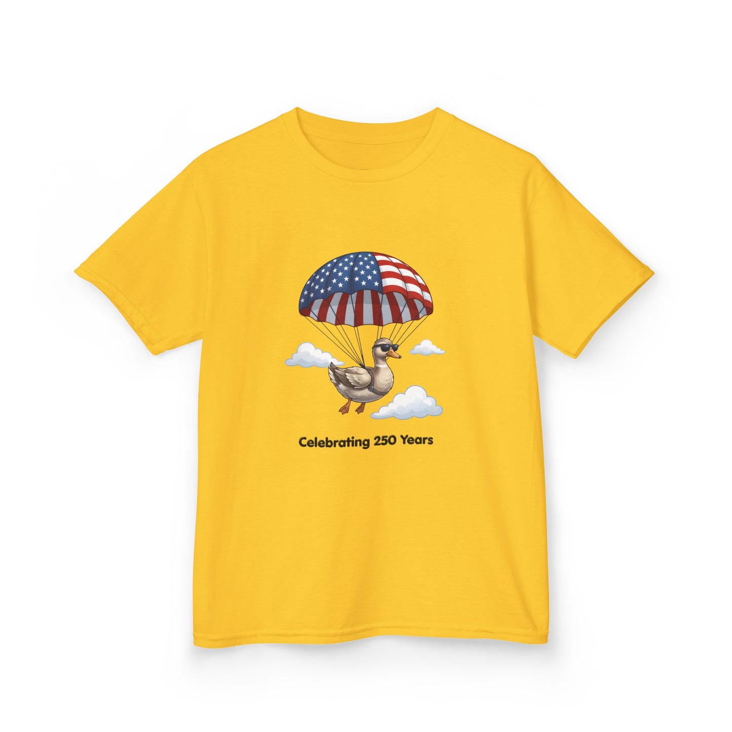 Kids Tee — Parachuting Duck, "Celebrating 250 Years"