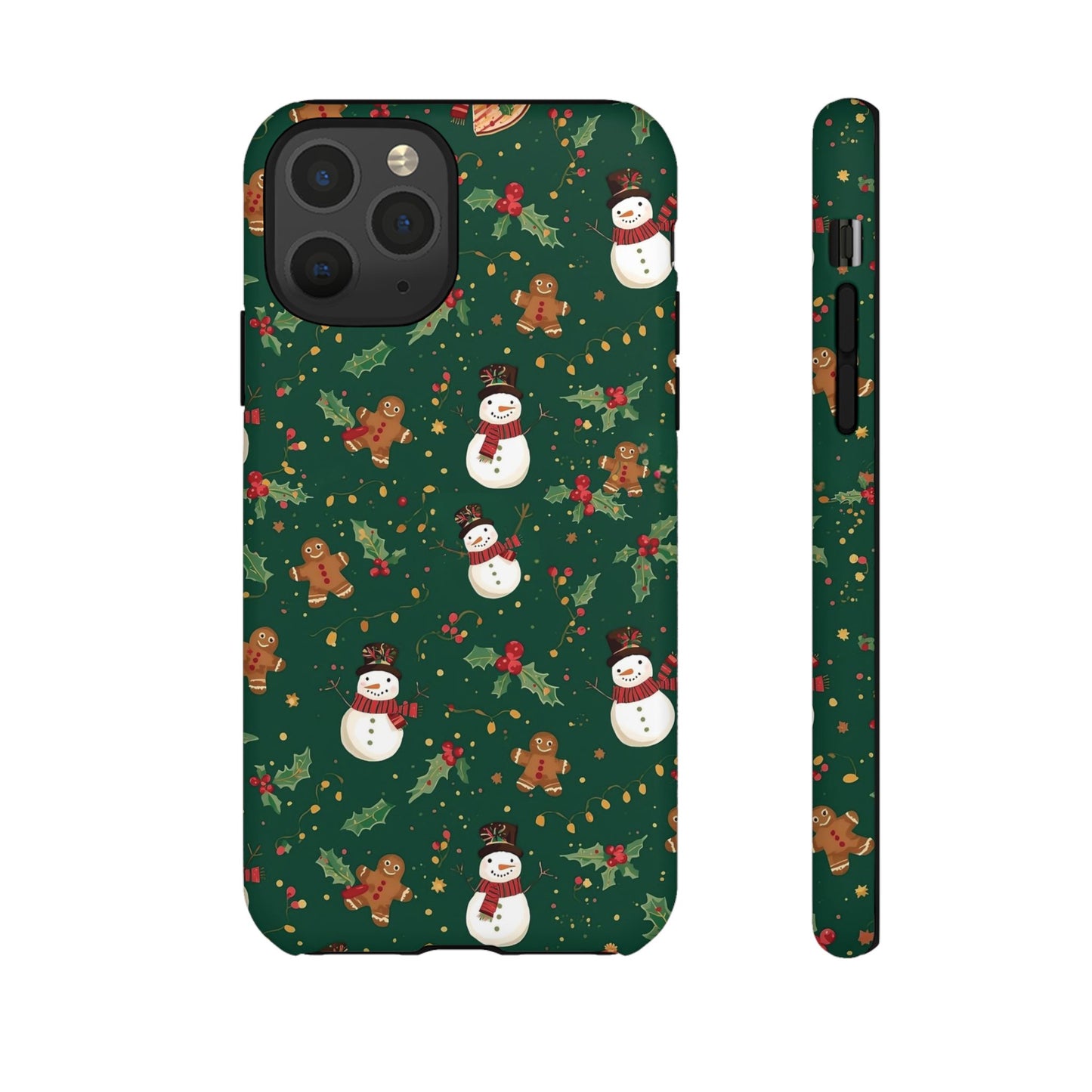 Christmas Phone Case with Snowmen and Gingerbread Design, Dual Layer Phone Case for Iphone 17, 16, 15, 14, 13, 12, 11 & Samsung