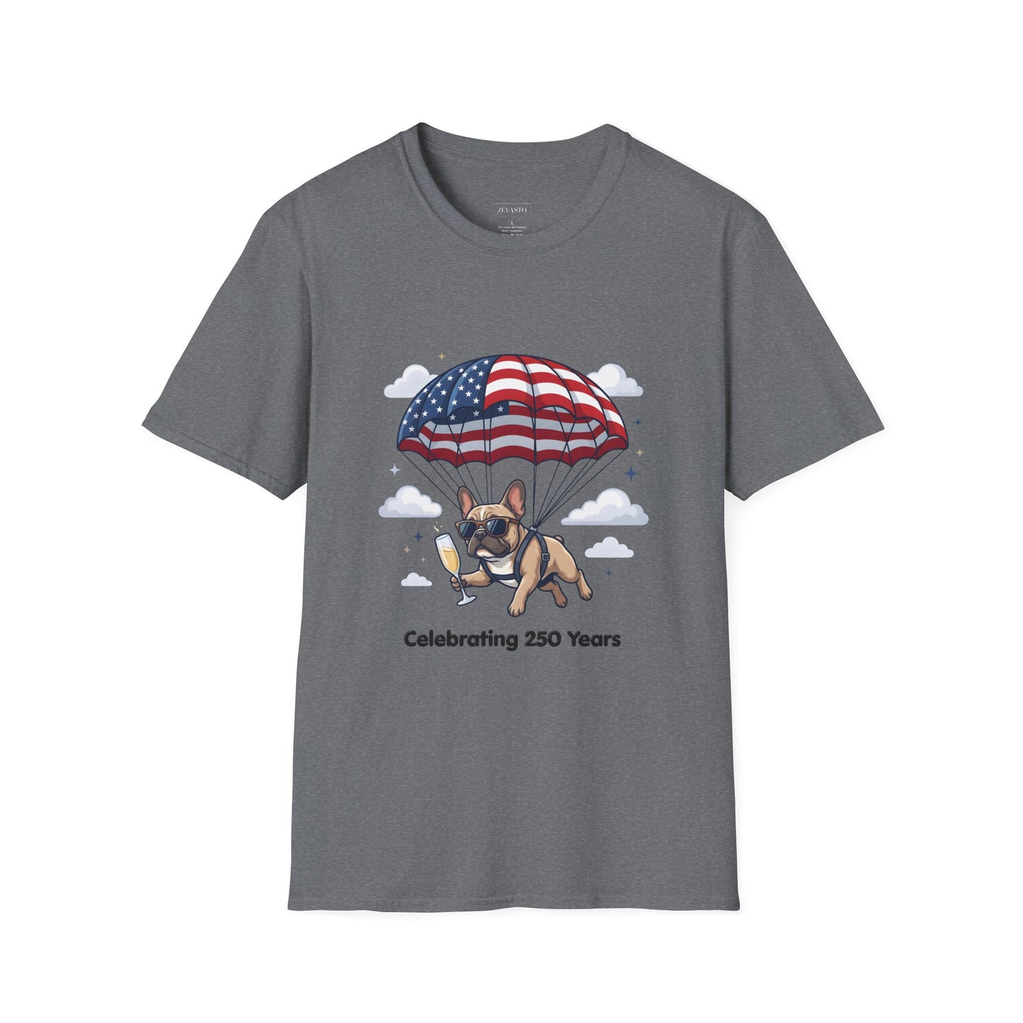 Patriotic French Bulldog T-Shirt — "Celebrating 250 Years" Parachute Design