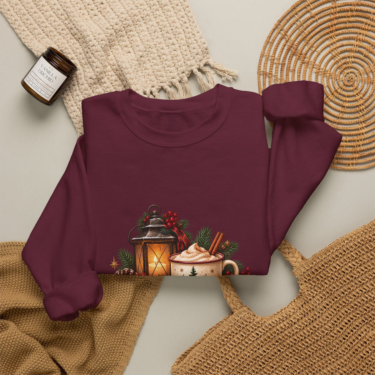 Cinnamon & Pine Crewneck Sweatshirt — Cozy Holiday Lantern Design Sweatshirt
