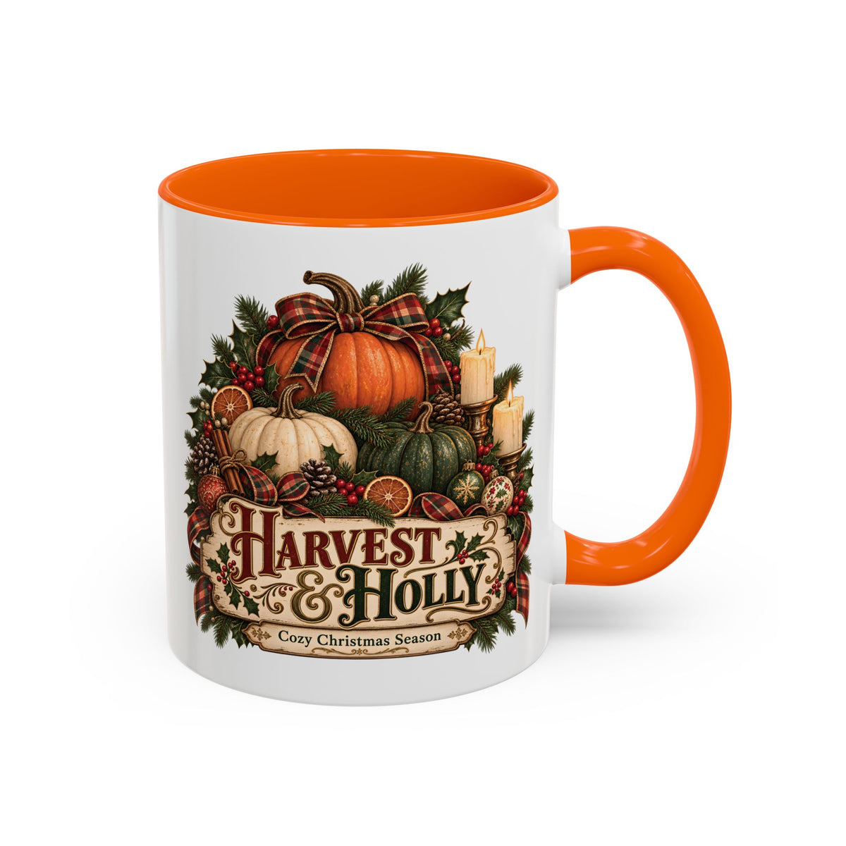 Harvest & Holly Accent Coffee Mug - Vintage Christmas Holiday Mug (11 oz)
