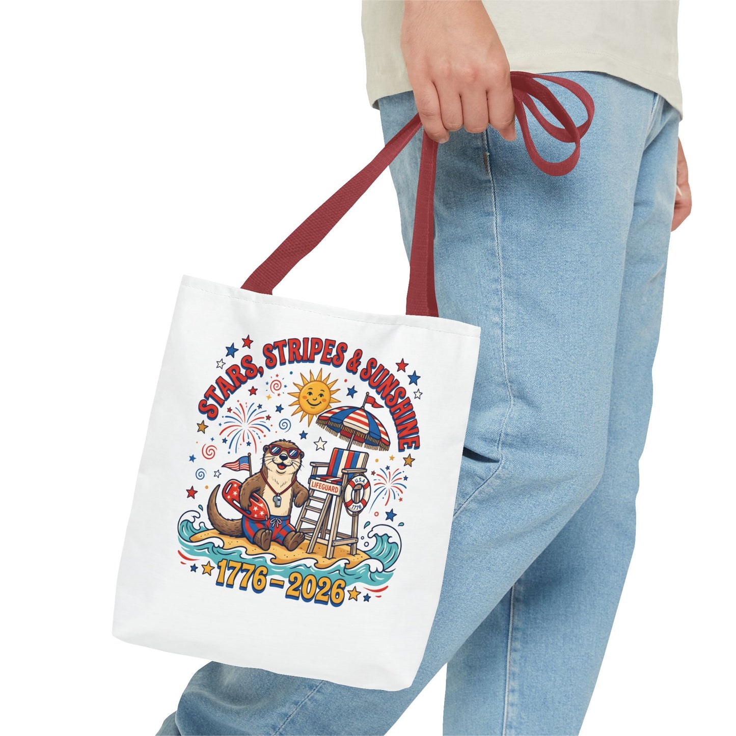 Stars, Stripes & Sunshine Tote Bag — 1776–2026 Patriotic Summer Beach Tote, 4th of July Tote