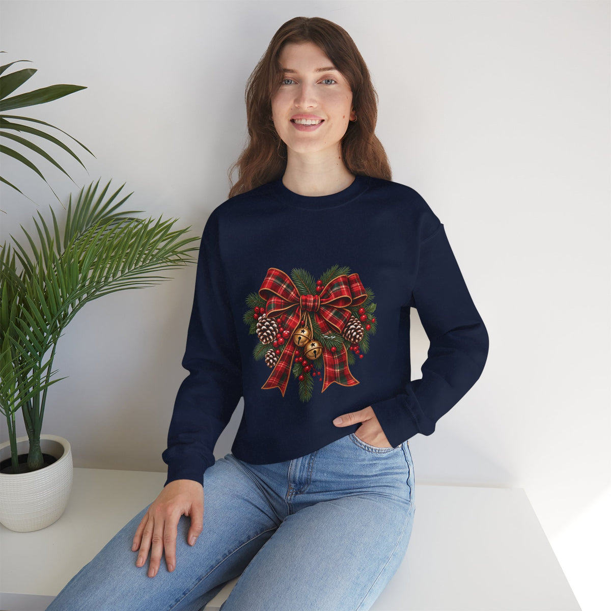Christmas Plaid Bow Sweatshirt - Holiday Pinecone & Jingle Bells Crewneck