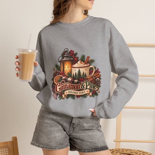 Cinnamon & Pine Crewneck Sweatshirt — Cozy Holiday Lantern Design Sweatshirt