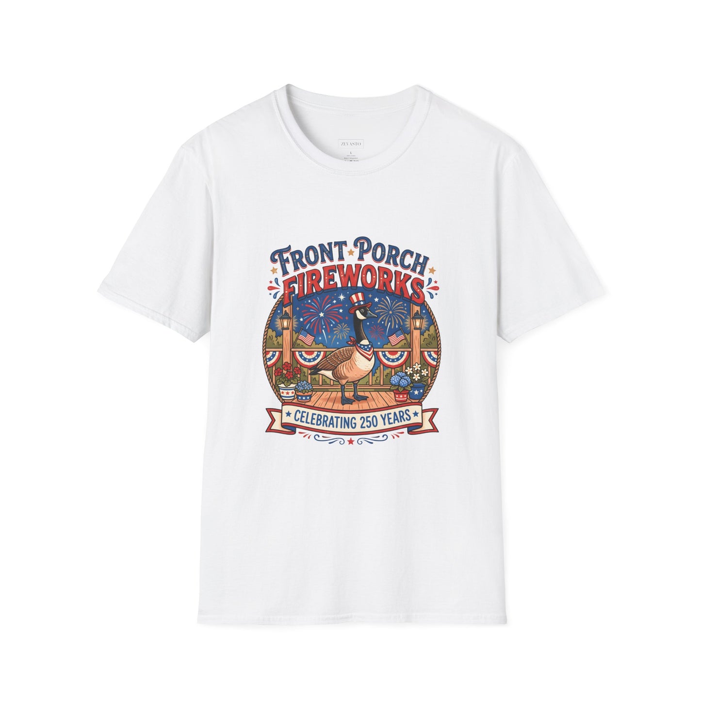 Front Porch Fireworks, Goose T-Shirt — Patriotic 4th of July Celebration Tee