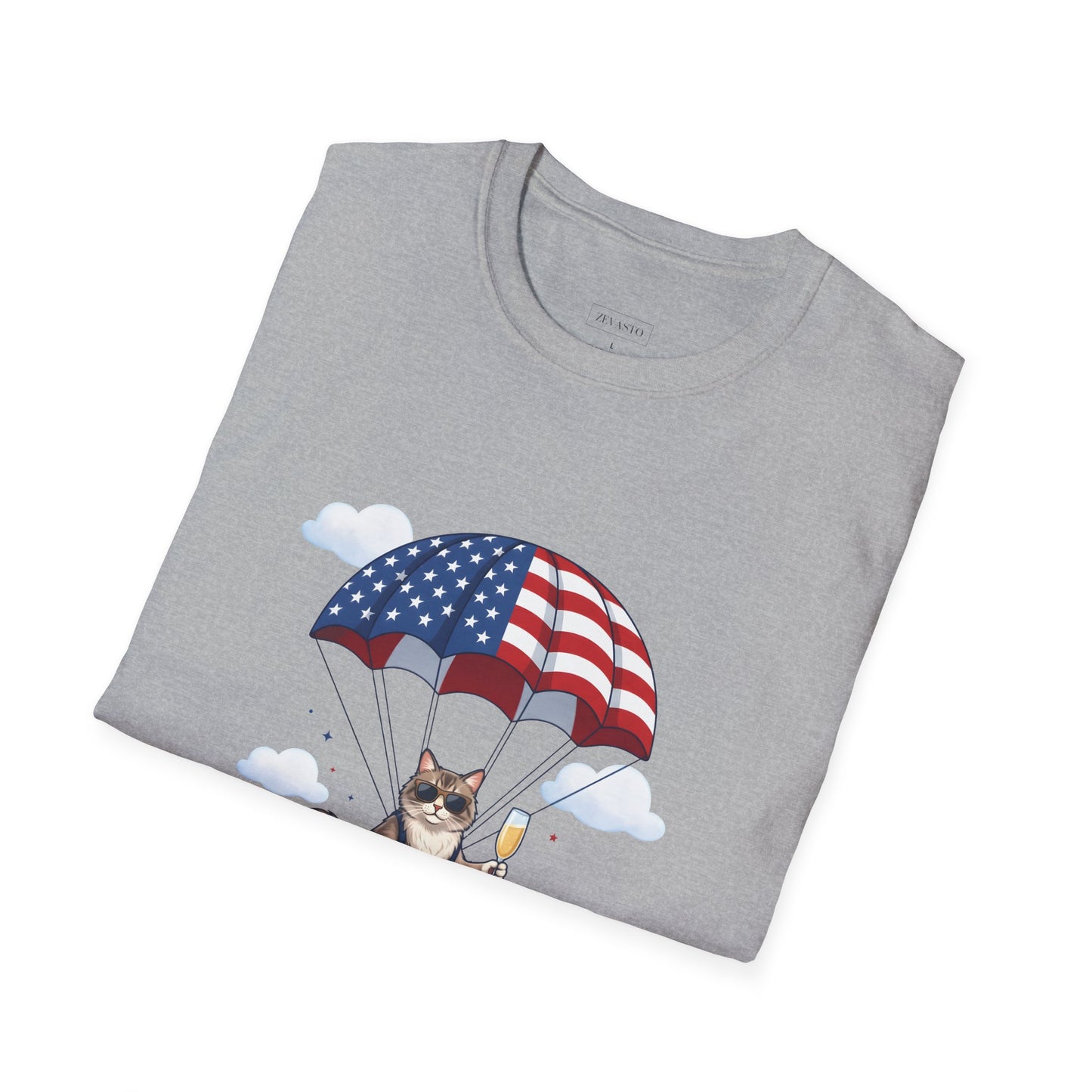 Patriotic Cat Parachute T-Shirt — "Celebrating 250 Years" 4th of July Tee