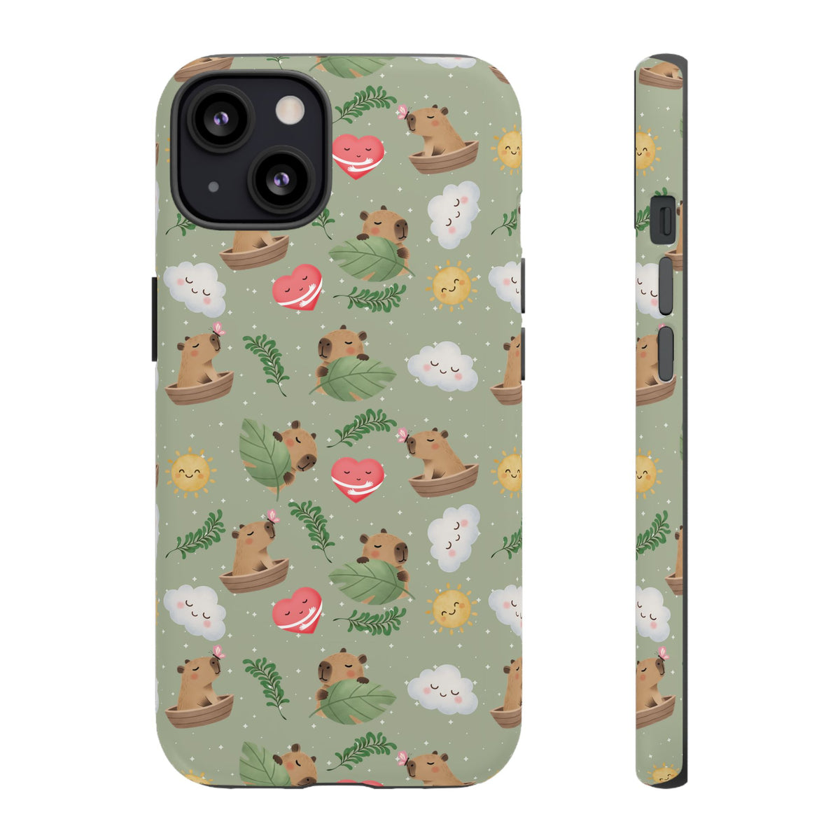 Cute Capybara Pattern Phone Case — Green Botanical Tough Case