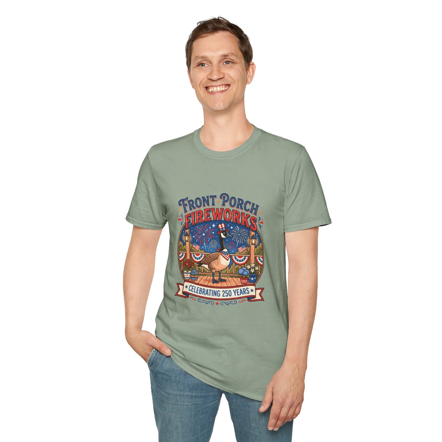 Front Porch Fireworks, Goose T-Shirt — Patriotic 4th of July Celebration Tee