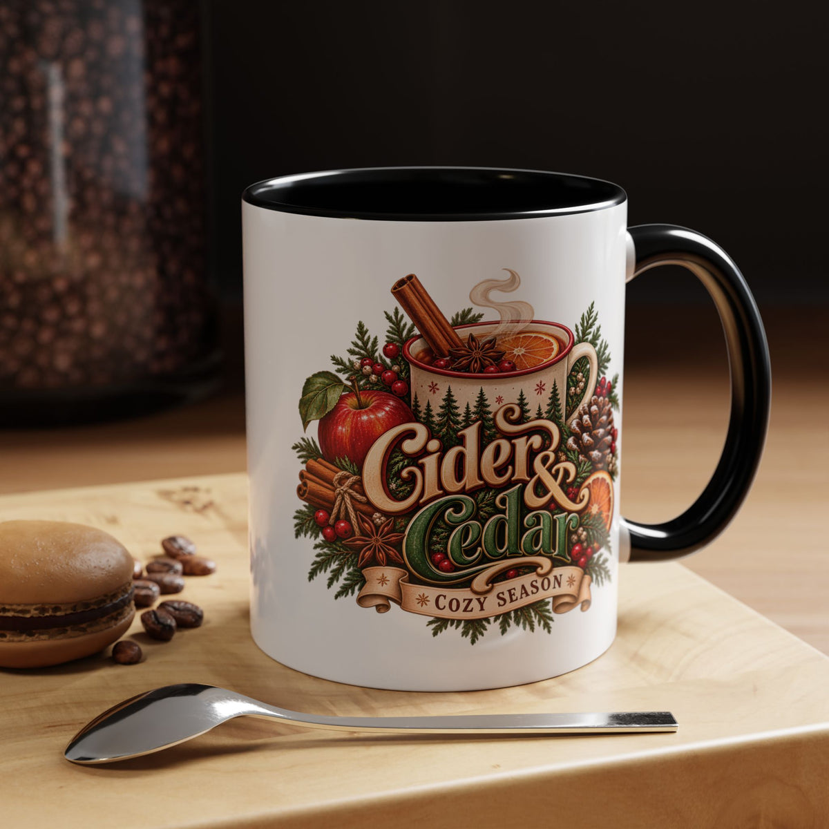 Cider & Cedar Accent Coffee Mug — Cozy Fall Hot Drink Gift (11 oz)