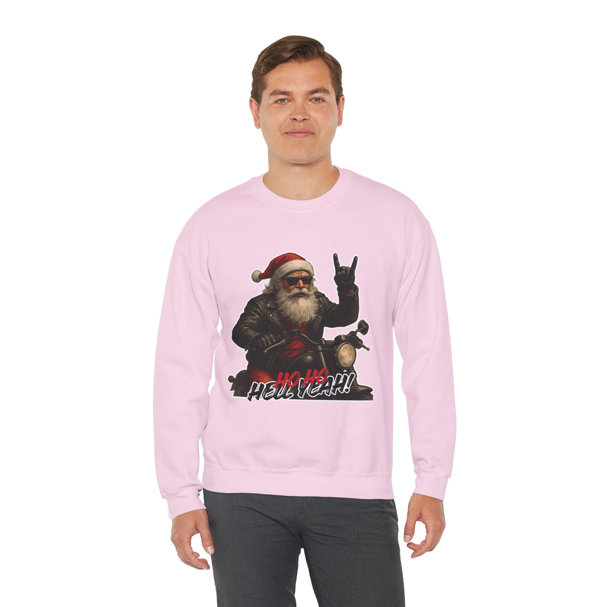 Santa Biker Crewneck Sweatshirt – 'Ho Ho Hell Yeah' Christmas Motorcycle Pullover