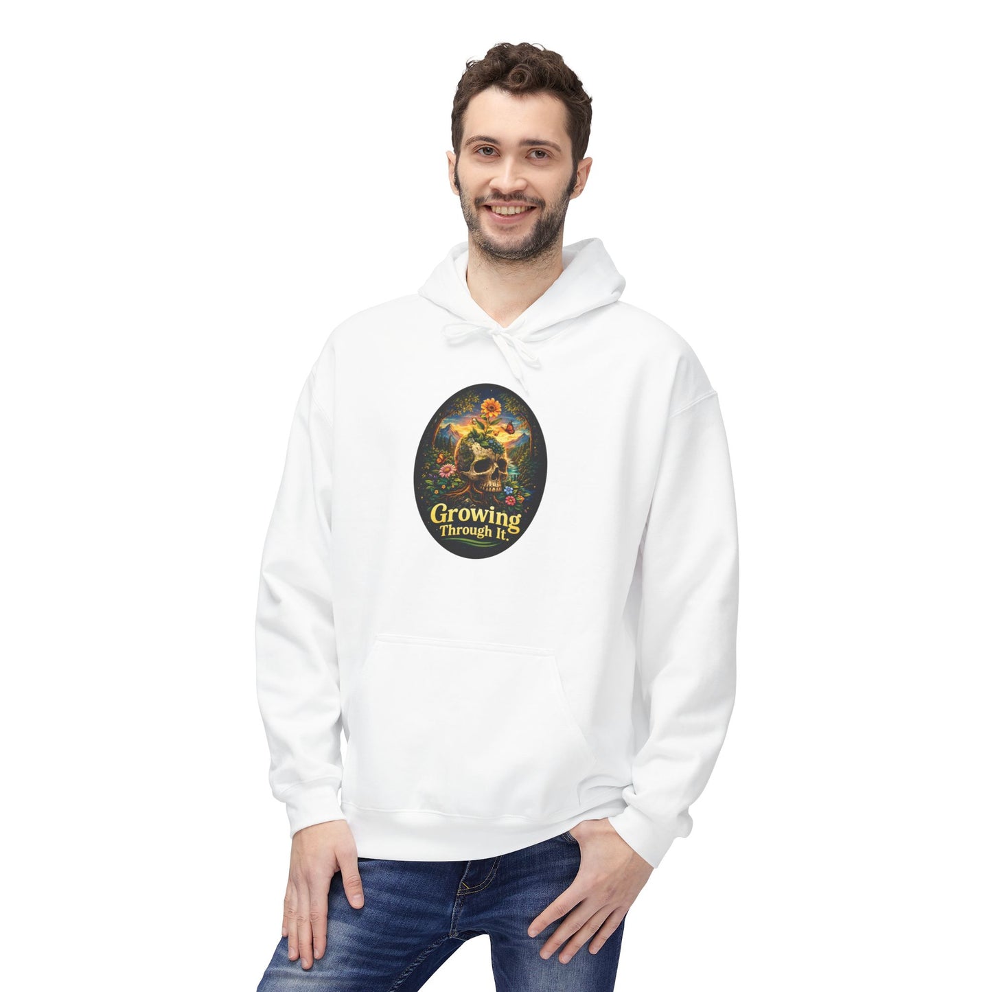 Growing Through It Hoodie – Earth Day Nature Skull Sweatshirt | Mental Growth & Healing Hoodie | Botanical Aesthetic Unisex Hoodie
