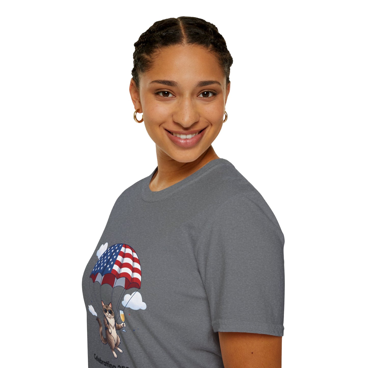 Patriotic Cat Parachute T-Shirt — "Celebrating 250 Years" 4th of July Tee