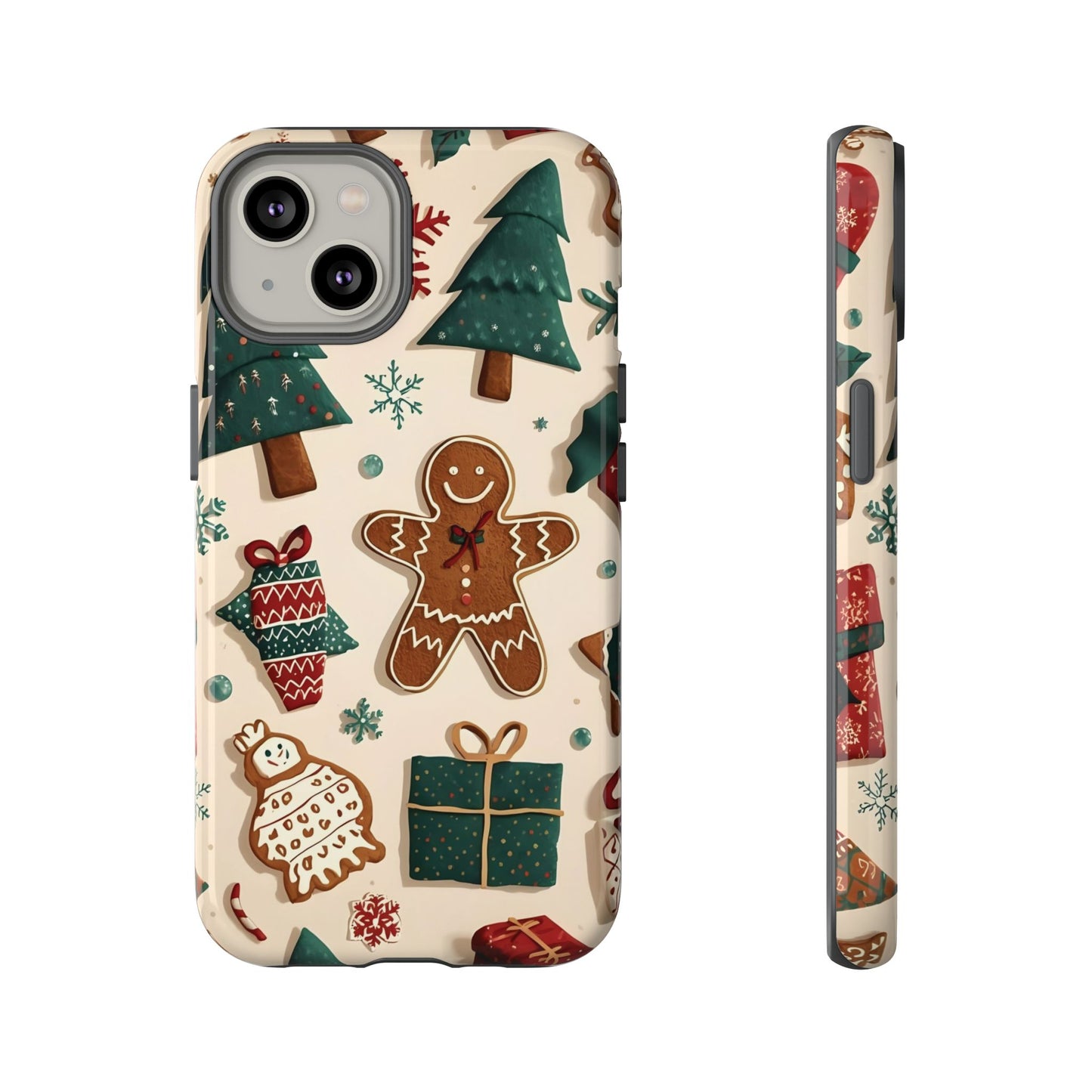 Christmas Phone Case with Gingerbread and Christmas Tree Design, Dual Layer Case for Iphone 17, 16, 15, 14, 13, 12, 11 & Samsung
