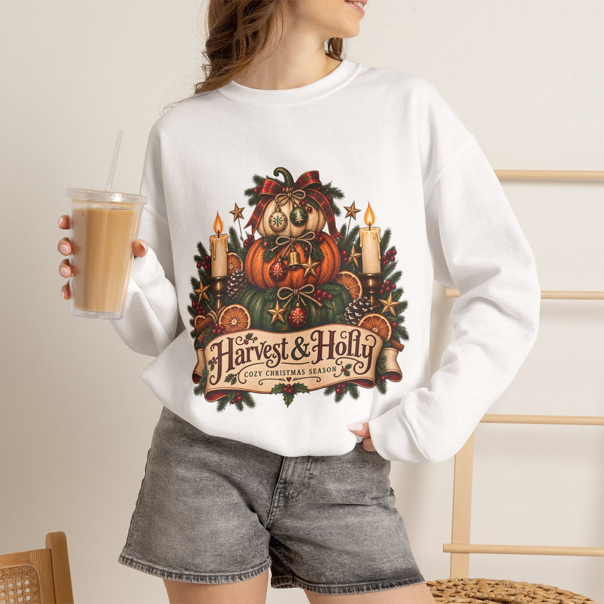 Harvest & Holly Crewneck Sweatshirt — Vintage Pumpkin Fall Graphic Sweatshirt