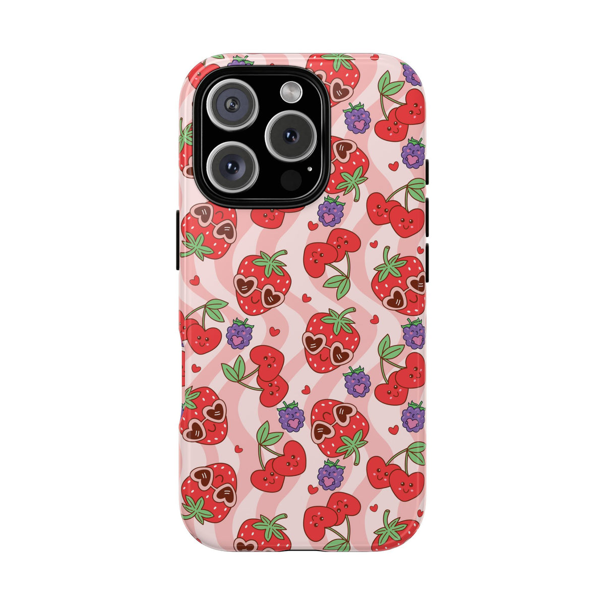 Cute Kawaii Strawberry & Cherry Phone Case — Pink Fruit Pattern Protective Case