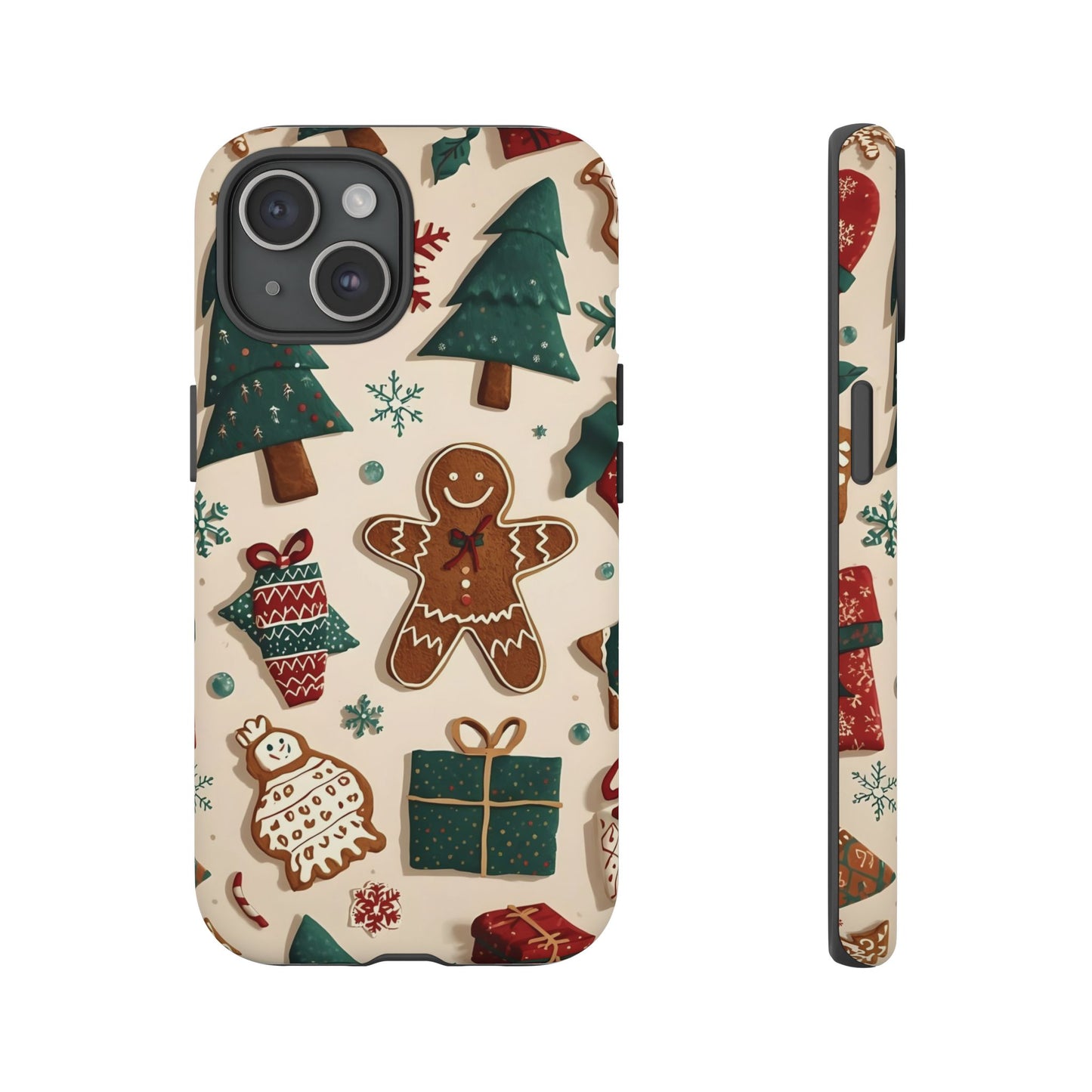 Christmas Phone Case with Gingerbread and Christmas Tree Design, Dual Layer Case for Iphone 17, 16, 15, 14, 13, 12, 11 & Samsung
