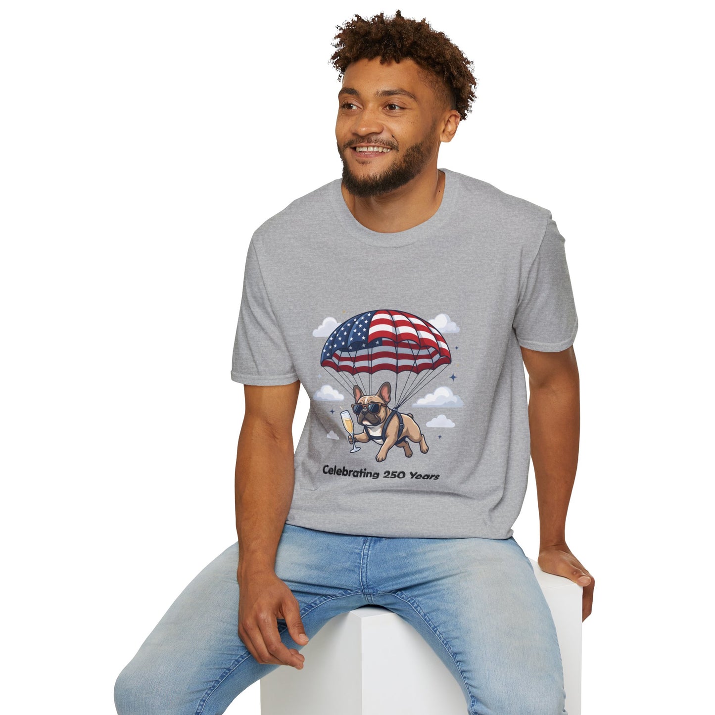Patriotic French Bulldog T-Shirt — "Celebrating 250 Years" Parachute Design