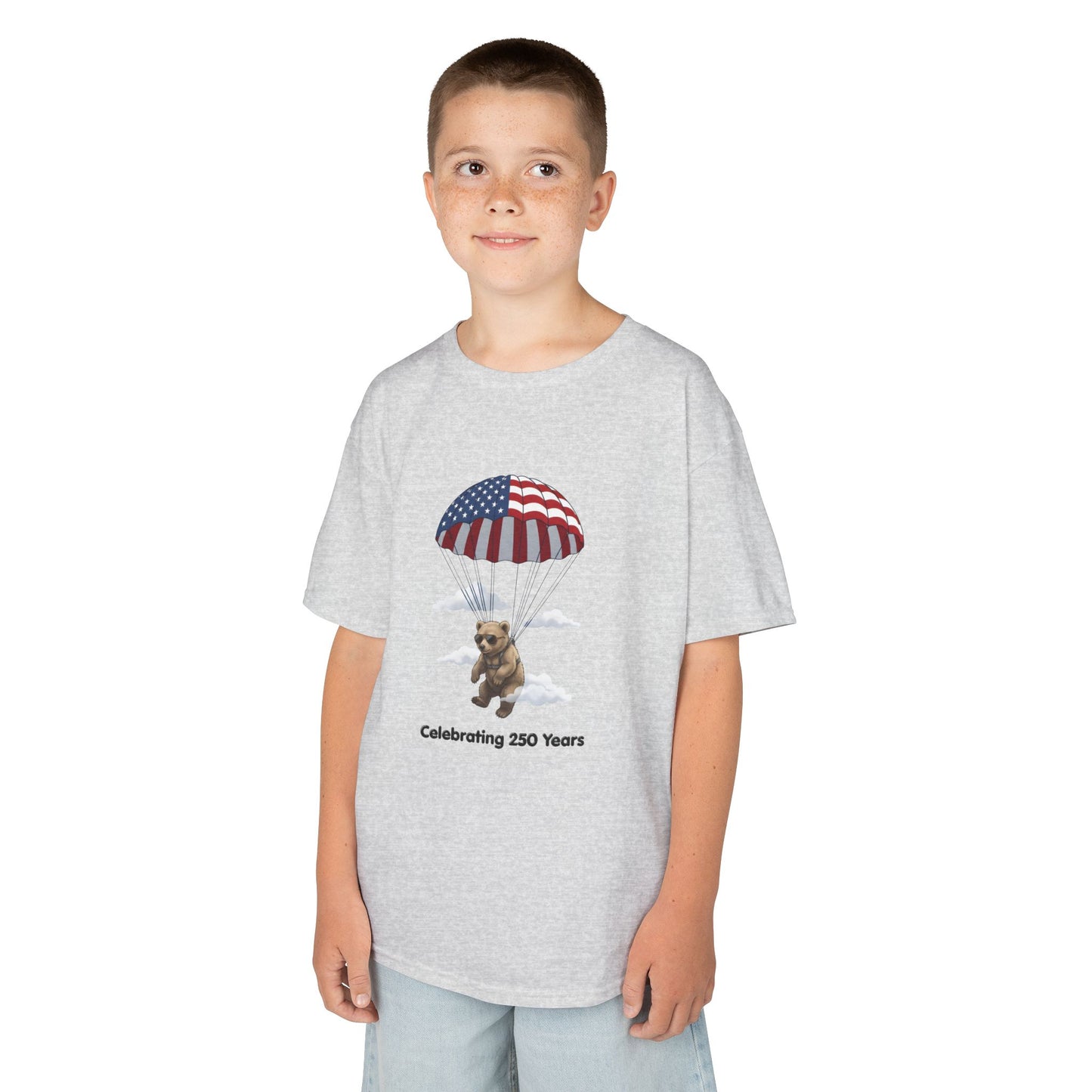 Kids Tee — Patriotic Parachute Bear "Celebrating 250 Years"
