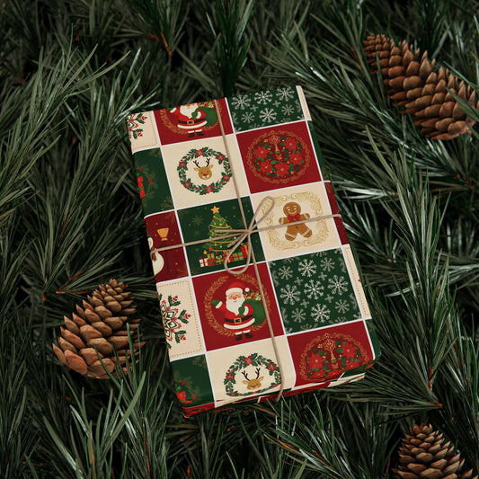 Christmas Patchwork Wrapping Paper Roll — Holiday Gift Wrap with Gingerbread, Snowman & Reindeer