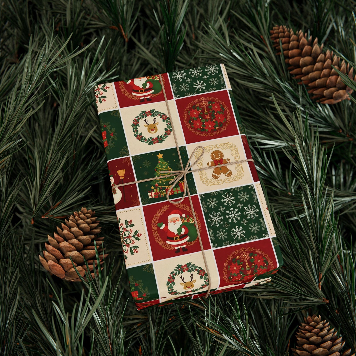 Christmas Patchwork Wrapping Paper Roll — Holiday Gift Wrap with Gingerbread, Snowman & Reindeer