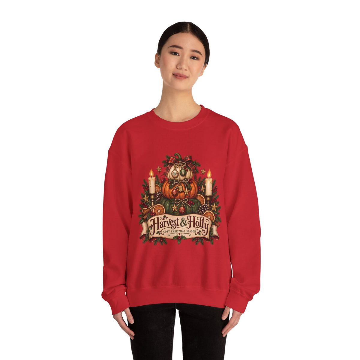 Harvest & Holly Crewneck Sweatshirt — Vintage Pumpkin Fall Graphic Sweatshirt