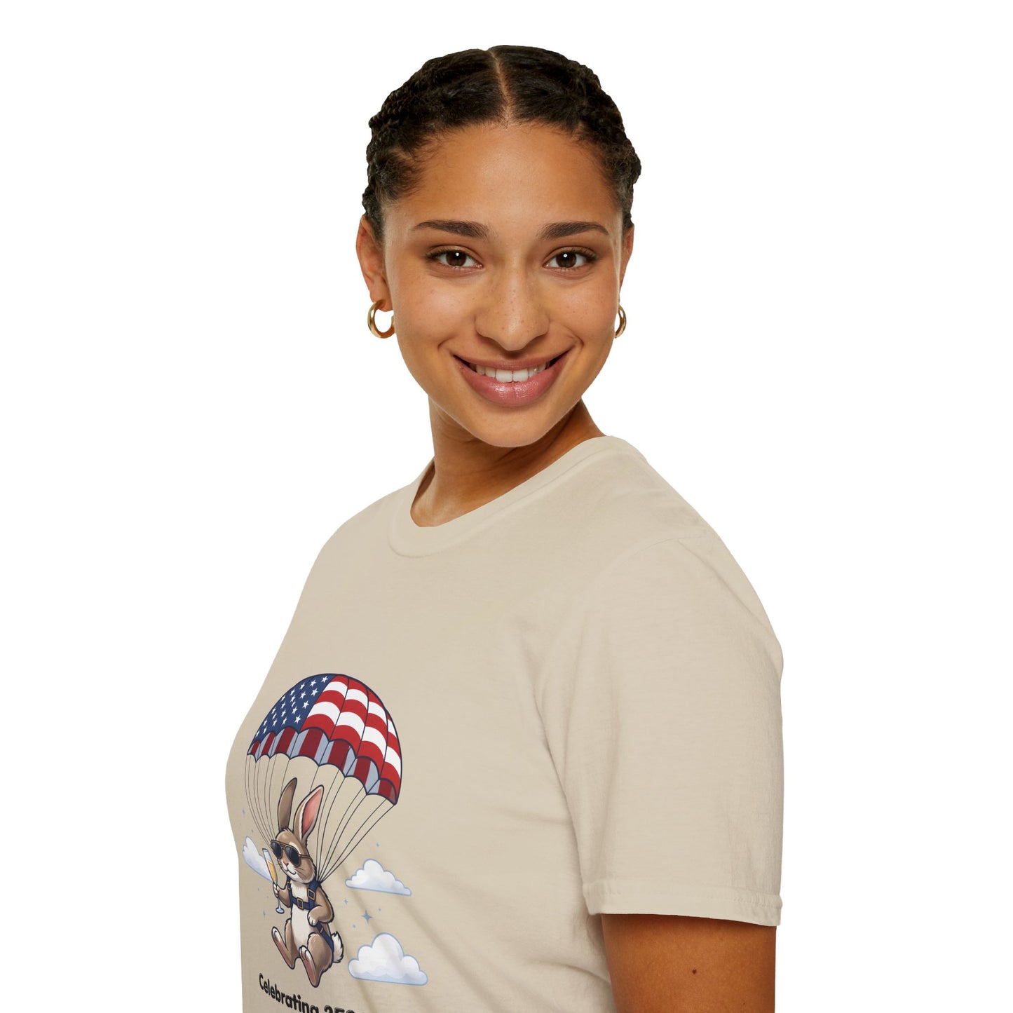 Patriotic Parachuting Bunny T-Shirt — "Celebrating 250 Years"