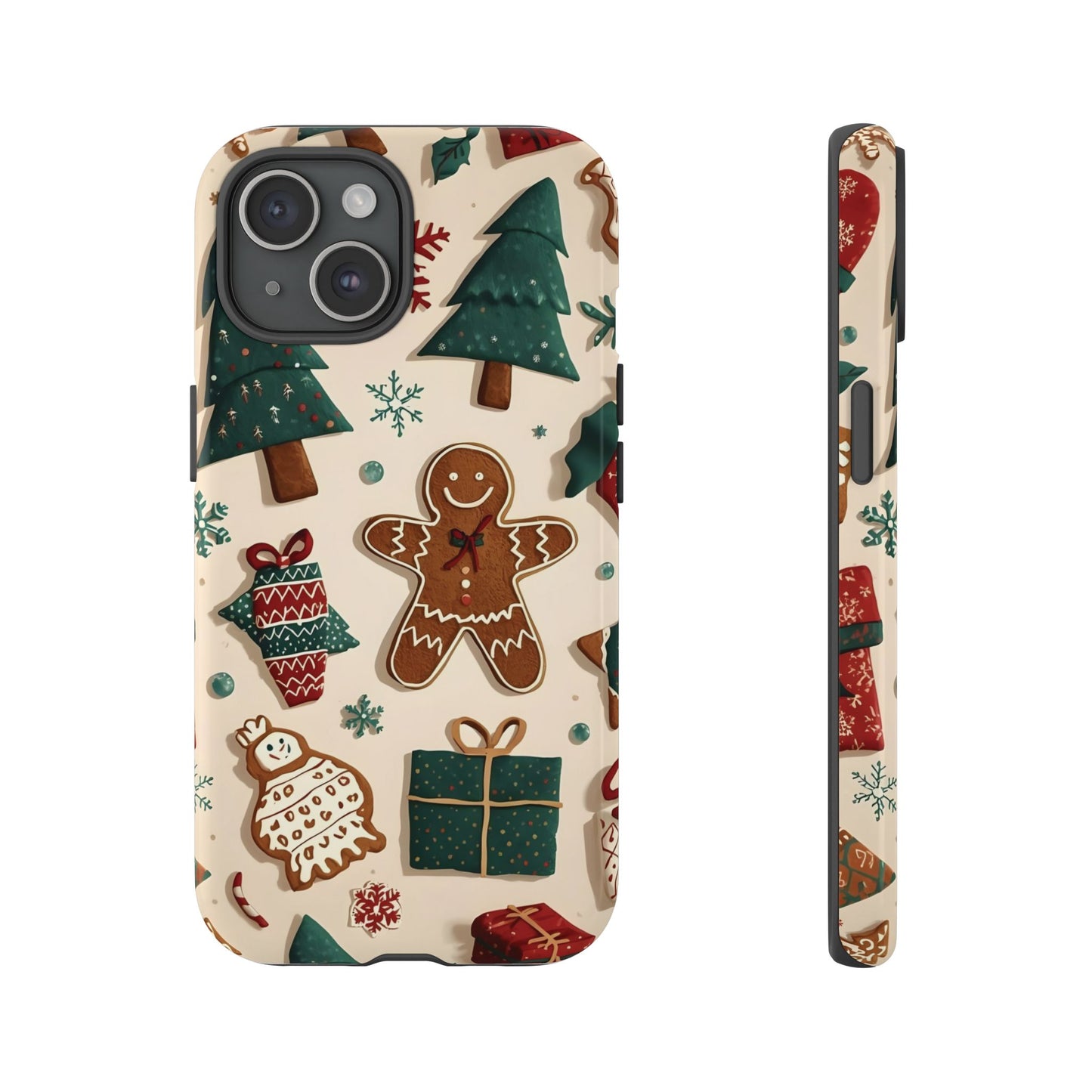 Christmas Phone Case with Gingerbread and Christmas Tree Design, Dual Layer Case for Iphone 17, 16, 15, 14, 13, 12, 11 & Samsung