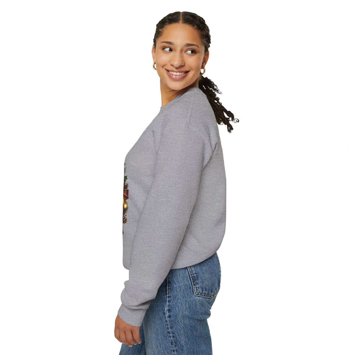 Christmas Crewneck Sweatshirt — "From Leaves to Lights" Autumn to Holiday Wreath Design