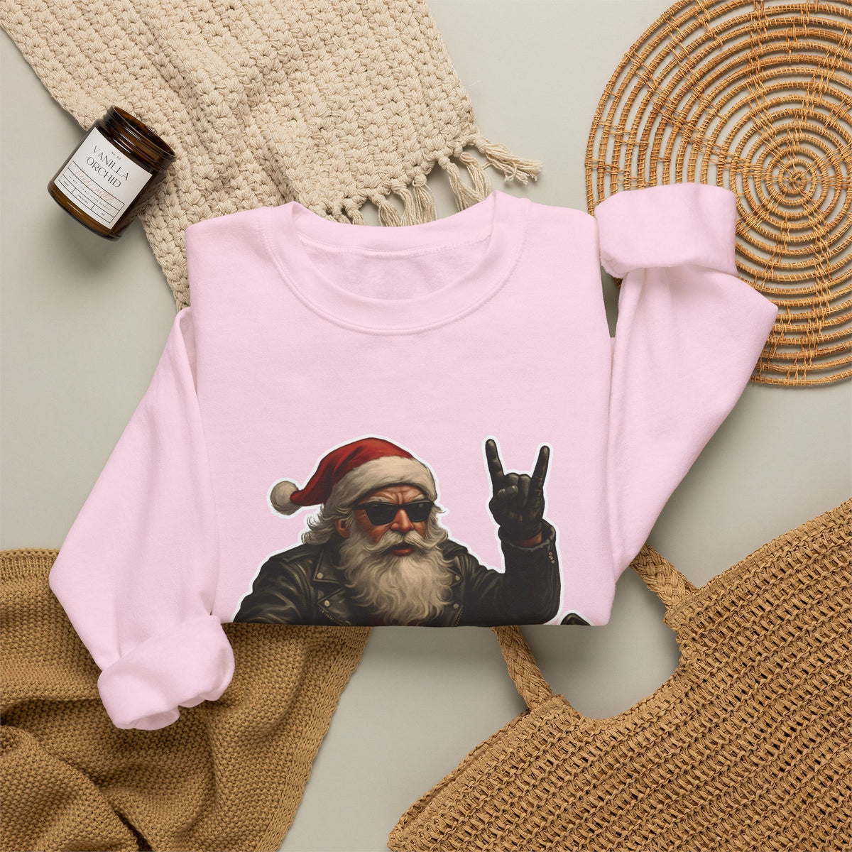 Santa Biker Crewneck Sweatshirt – 'Ho Ho Hell Yeah' Christmas Motorcycle Pullover