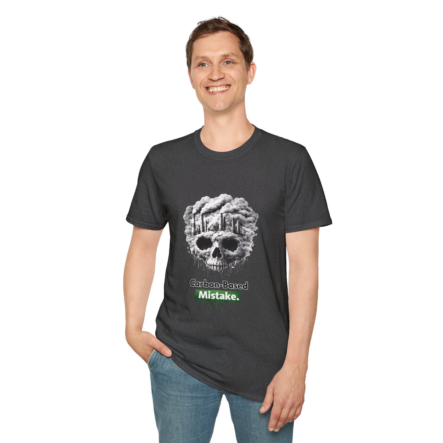 Carbon-Based Mistake Skull T-Shirt — Dark Humor Graphic Tee for Earth Day