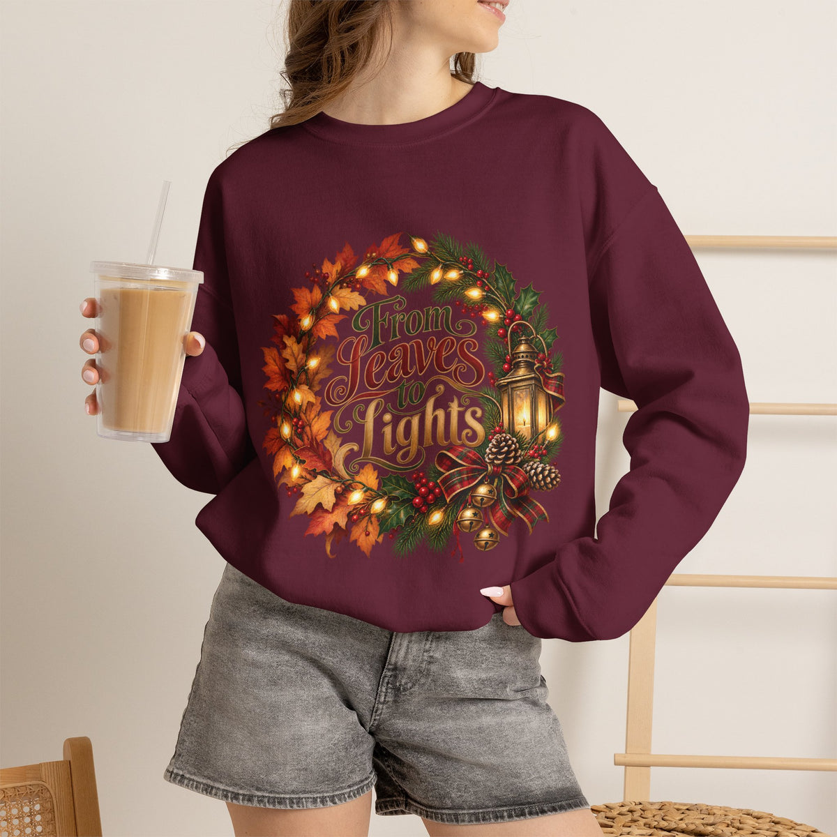 Christmas Crewneck Sweatshirt — "From Leaves to Lights" Autumn to Holiday Wreath Design