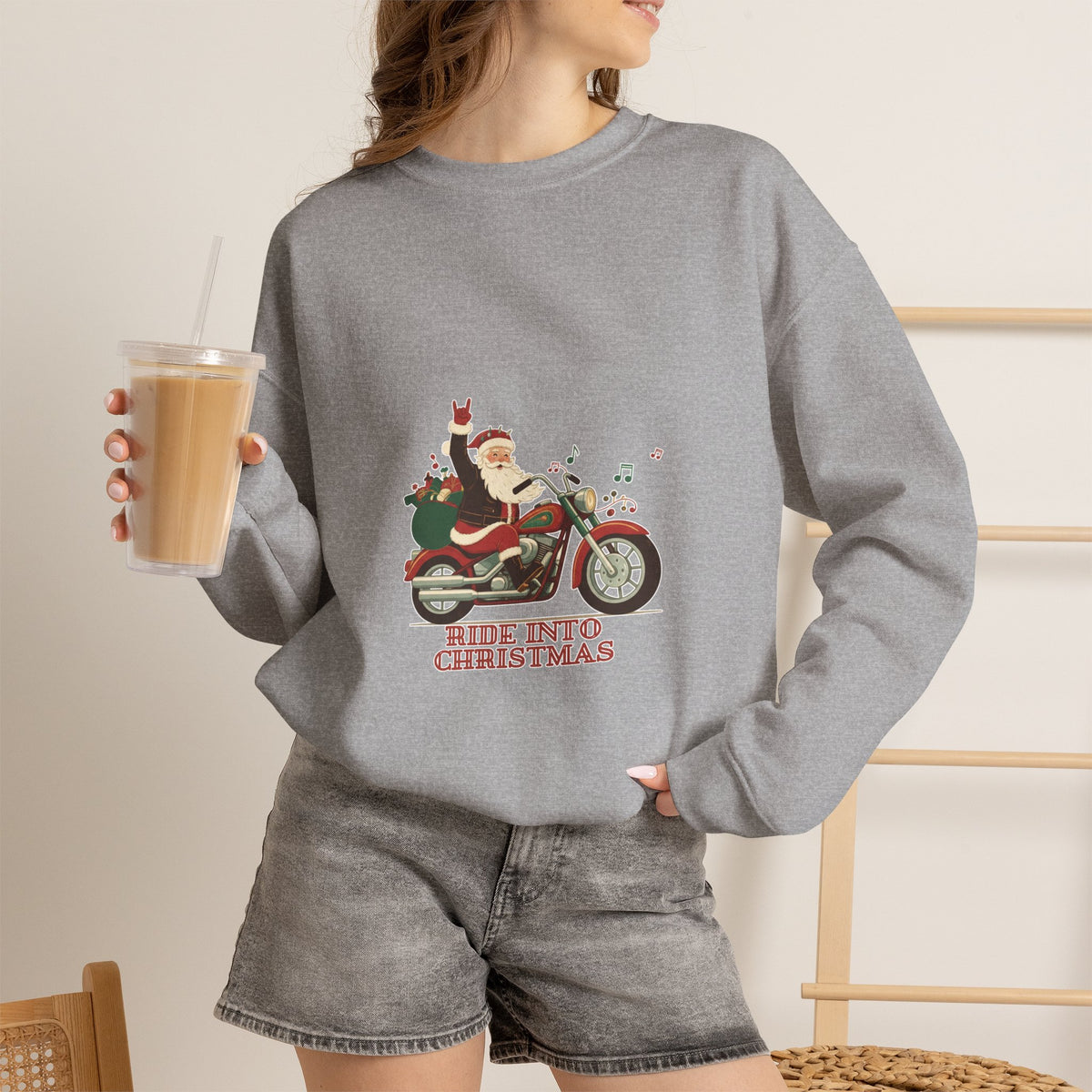 Christmas Motorcycle Sweatshirt - "Ride Into Christmas" Santa Biker Holiday Crewneck
