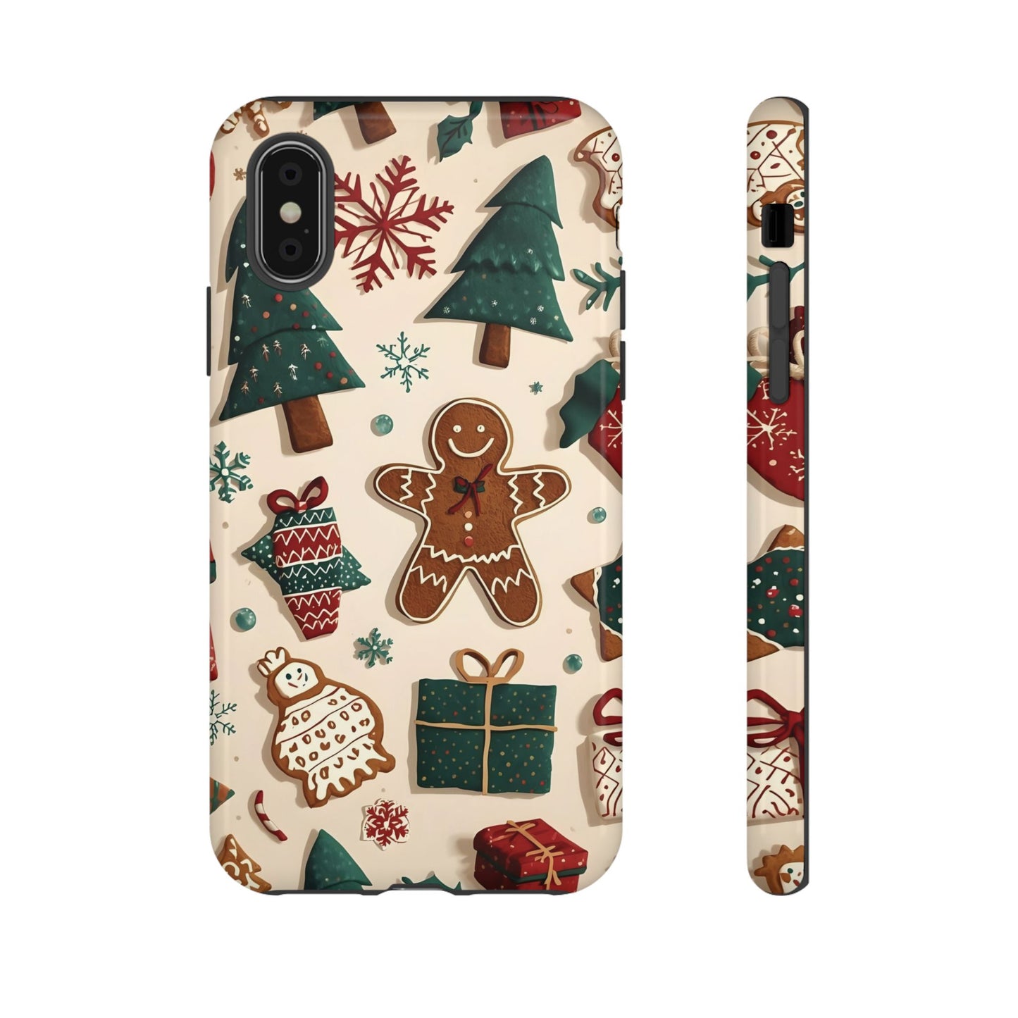Christmas Phone Case with Gingerbread and Christmas Tree Design, Dual Layer Case for Iphone 17, 16, 15, 14, 13, 12, 11 & Samsung
