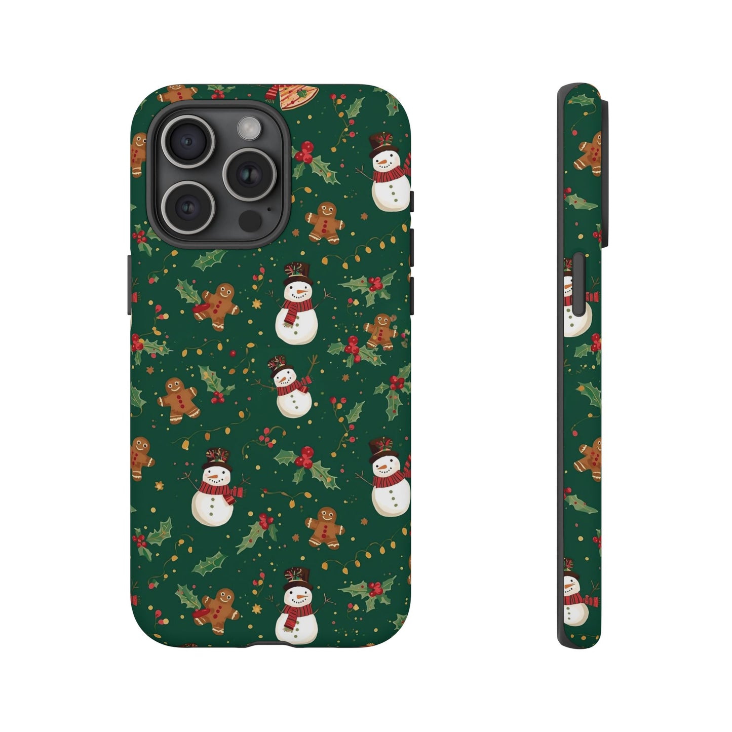 Christmas Phone Case with Snowmen and Gingerbread Design, Dual Layer Phone Case for Iphone 17, 16, 15, 14, 13, 12, 11 & Samsung